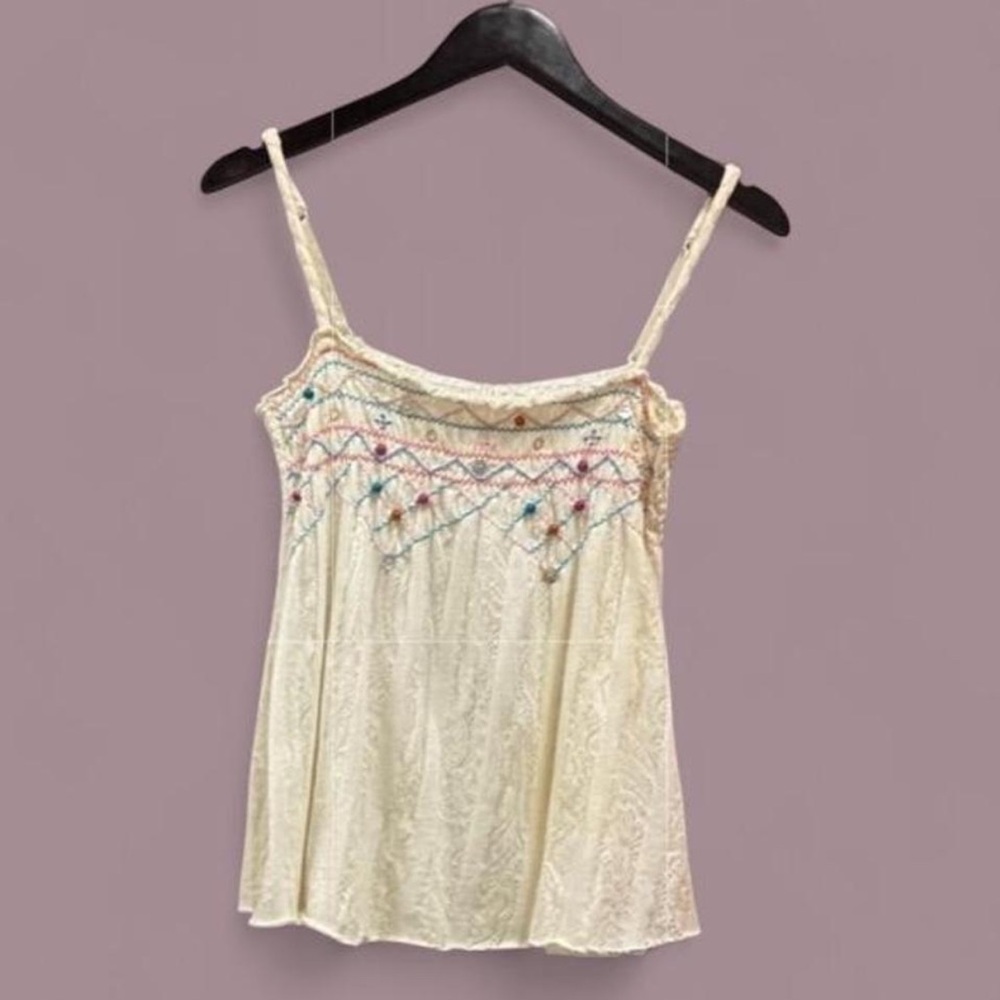 Vintage Y2K Free People White Paisley Jacquard Beaded Embroidered Boho Cami Top